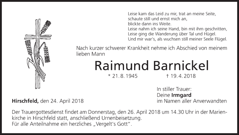  Traueranzeige für Raimund Barnickel vom 24.04.2018 aus MGO
