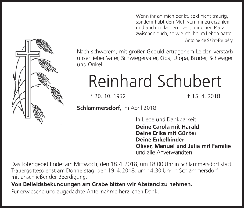  Traueranzeige für Reinhard Schubert vom 17.04.2018 aus MGO