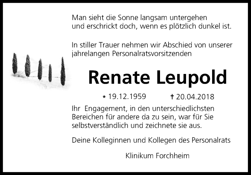  Traueranzeige für Renate Leupold vom 24.04.2018 aus MGO
