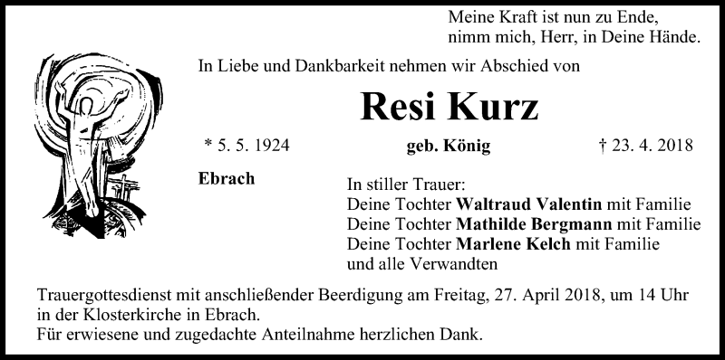  Traueranzeige für Resi Kurz vom 25.04.2018 aus MGO