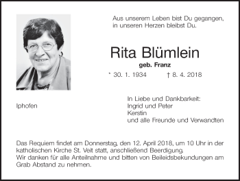 Anzeige von Rita Blümlein von MGO