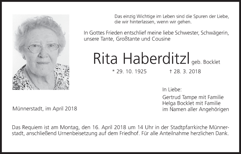  Traueranzeige für Rita Haberditzl vom 12.04.2018 aus MGO