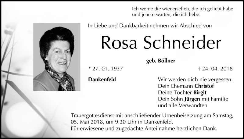  Traueranzeige für Rosa Schneider vom 28.04.2018 aus MGO