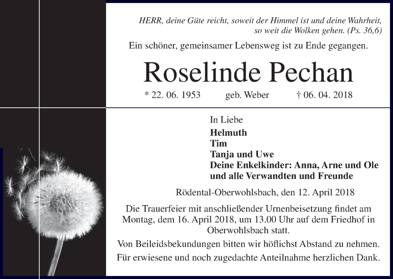 Traueranzeige für Roselinde Pechan vom 12.04.2018 aus MGO
