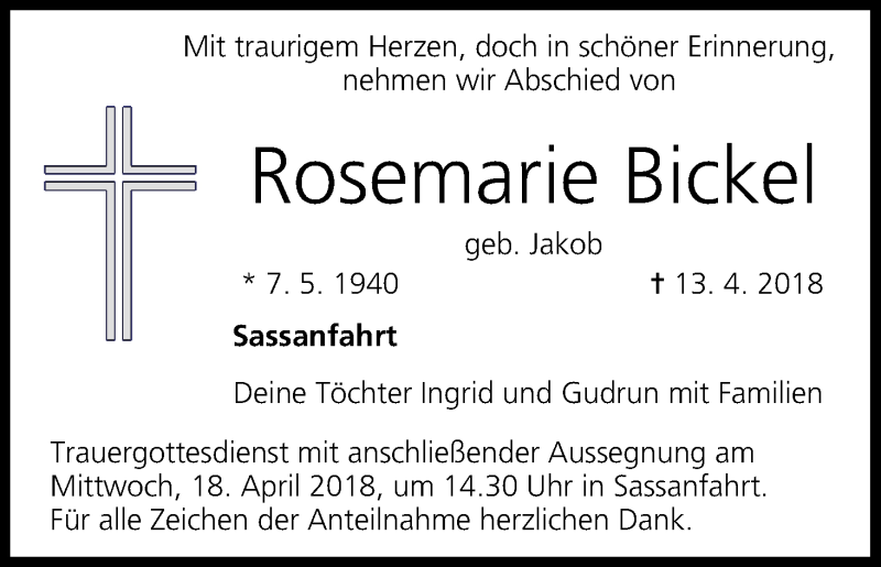 Traueranzeige für Rosemarie Bickel vom 16.04.2018 aus MGO