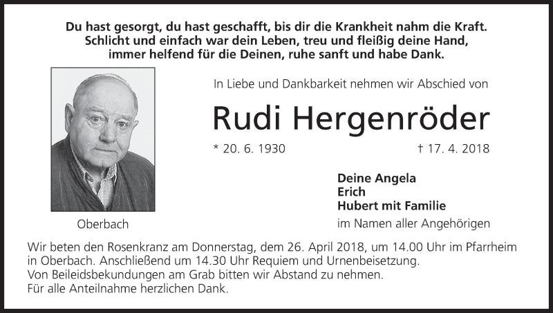  Traueranzeige für Rudi Hergenröder vom 23.04.2018 aus MGO