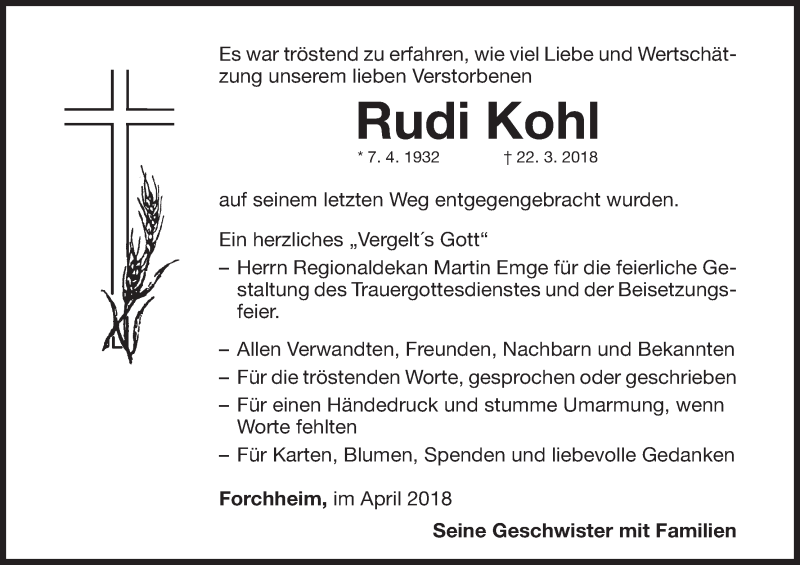  Traueranzeige für Rudi Kohl vom 28.04.2018 aus MGO