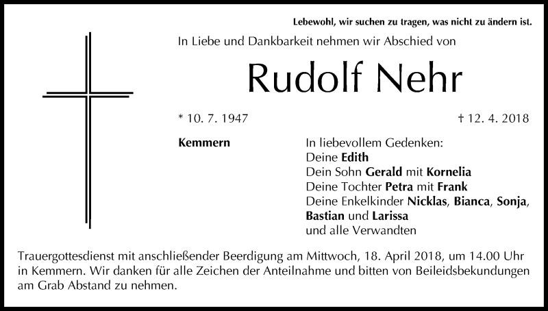  Traueranzeige für Rudolf Nehr vom 14.04.2018 aus MGO