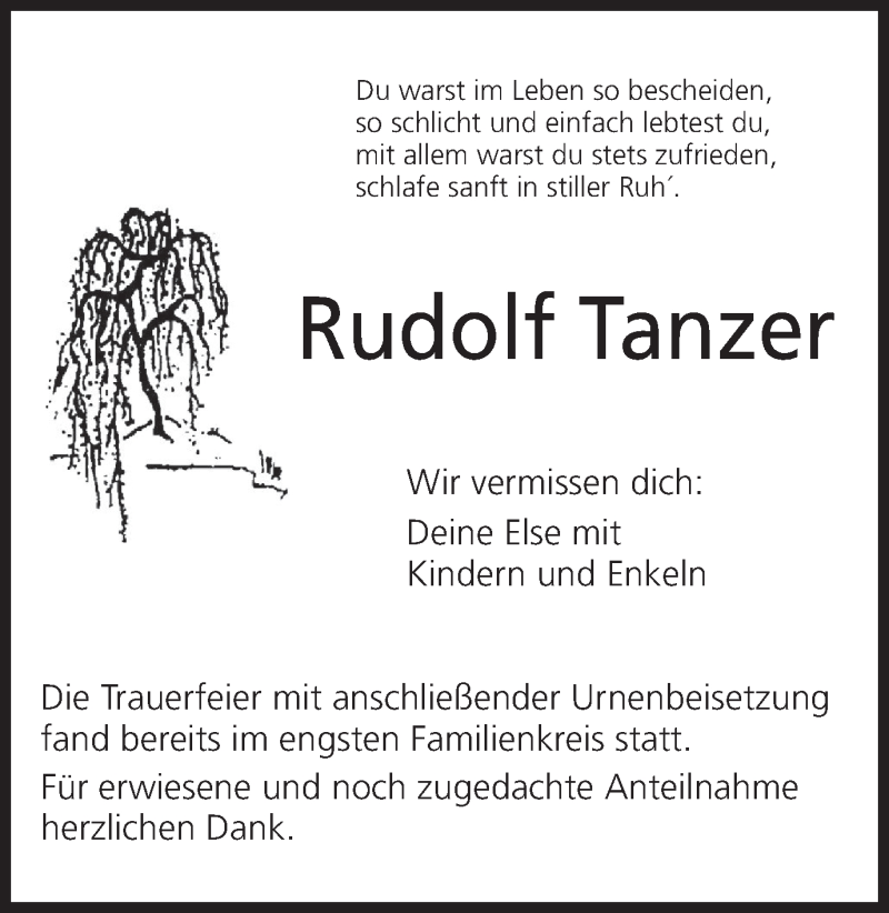  Traueranzeige für Rudolf Tanzer vom 28.04.2018 aus MGO