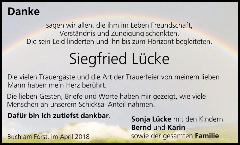  Traueranzeige für Siegfried Lücke vom 21.04.2018 aus MGO
