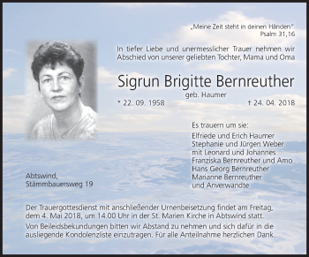 Anzeige von Sigrun Brigitte Bernreuther von MGO