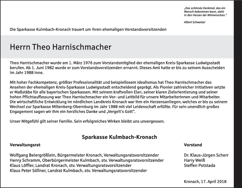  Traueranzeige für Theo Harnischmacher vom 17.04.2018 aus MGO