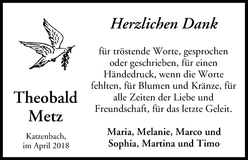  Traueranzeige für Theobald Metz vom 21.04.2018 aus MGO