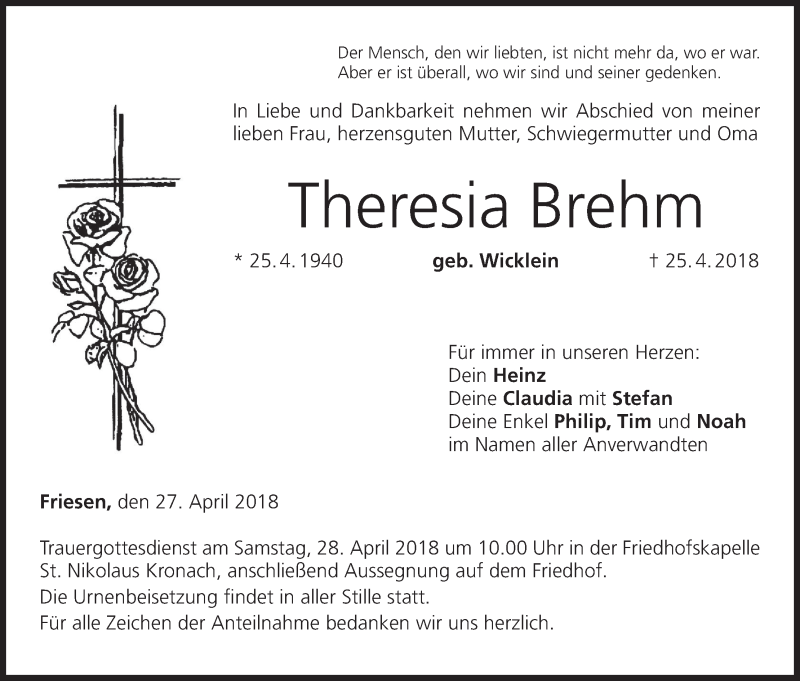  Traueranzeige für Theresia Brehm vom 27.04.2018 aus MGO