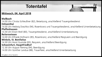 Anzeige von Totentafel vom 04.04.2018 von MGO