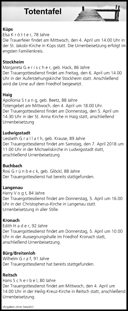  Traueranzeige für Totentafel vom 04.04.2018 vom 04.04.2018 aus MGO