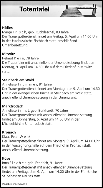 Anzeige von Totentafel vom 05.04.2018 von MGO