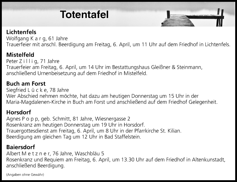  Traueranzeige für Totentafel vom 05.04.2018 vom 05.04.2018 aus MGO