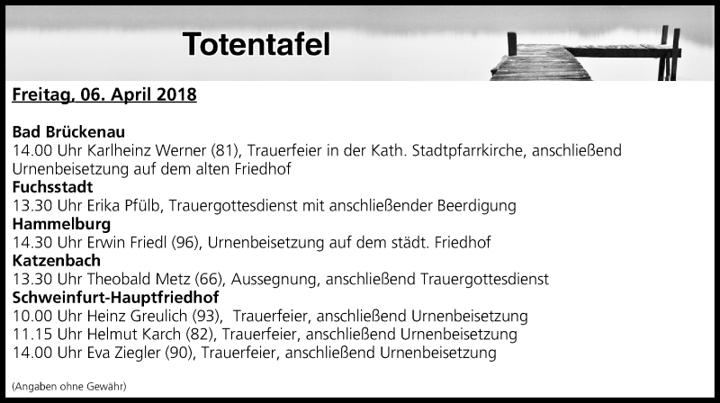  Traueranzeige für Totentafel vom 06.04.2018 vom 06.04.2018 aus MGO