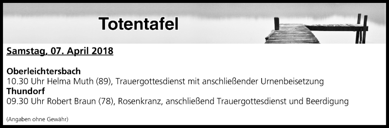  Traueranzeige für Totentafel vom 07.04.2018 vom 07.04.2018 aus MGO