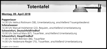 Anzeige von Totentafel vom 09.04.2018 von MGO