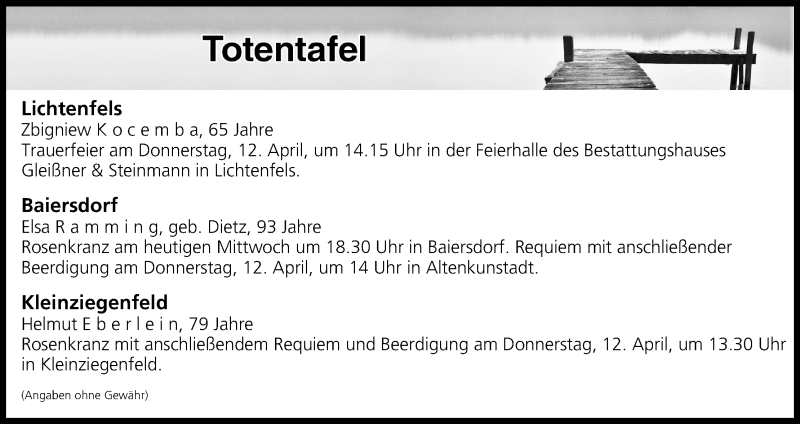  Traueranzeige für Totentafel vom 11.04.2018 vom 11.04.2018 aus MGO