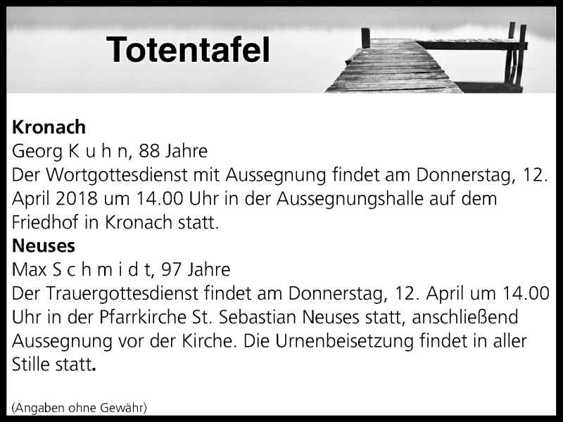  Traueranzeige für Totentafel vom 11.04.2018 vom 11.04.2018 aus MGO