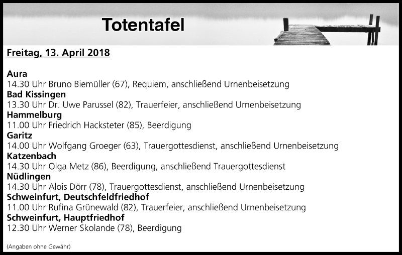  Traueranzeige für Totentafel vom 13.04.2018 vom 13.04.2018 aus MGO