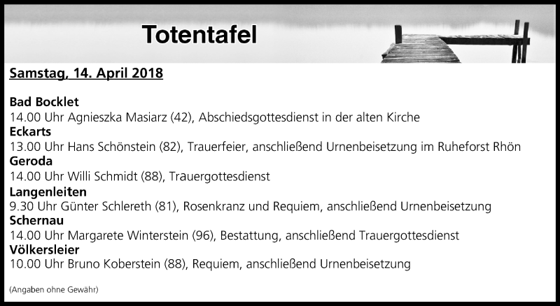  Traueranzeige für Totentafel vom 14.04.2018 vom 14.04.2018 aus MGO