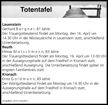 Anzeige von Totentafel vom 14.04.2018 von MGO