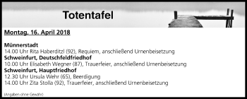 Anzeige von Totentafel vom 16.04.2018 von MGO