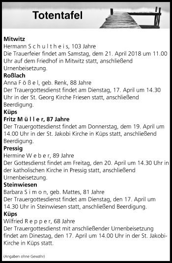 Anzeige von Totentafel vom 17.04.2018 von MGO