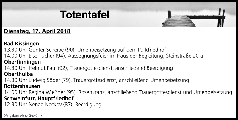  Traueranzeige für Totentafel vom 17.04.2018 vom 17.04.2018 aus MGO