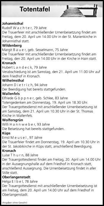 Anzeige von Totentafel vom 19.04.2018 von MGO
