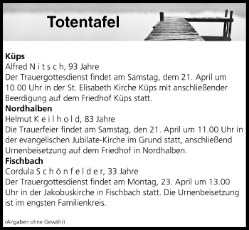 Anzeige von Totentafel vom 20.04.2018 von MGO