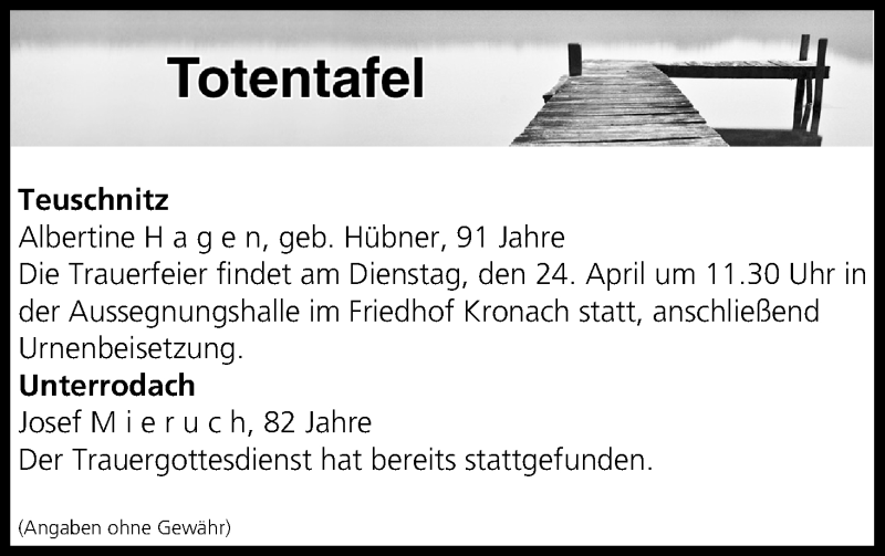 Traueranzeige für Totentafel vom 21.04.2018 vom 21.04.2018 aus MGO