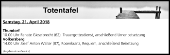 Anzeige von Totentafel vom 21.04.2018 von MGO