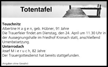 Anzeige von Totentafel vom 21.04.2018 von MGO