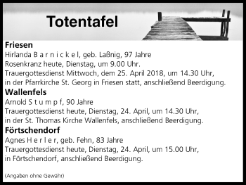Anzeige von Totentafel vom 24.04.2018 von MGO