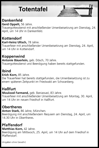 Anzeige von Totentafel vom 24.04.2018 von MGO