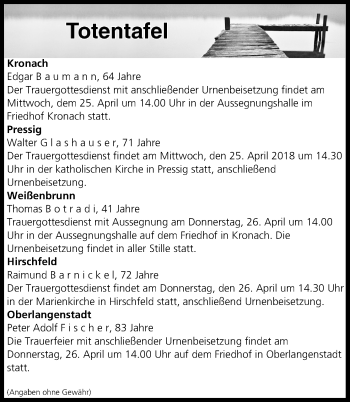Anzeige von Totentafel vom 25.04.2018 von MGO