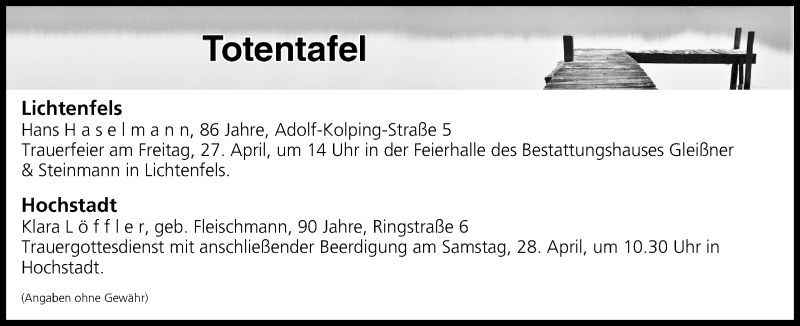  Traueranzeige für Totentafel vom 26.04.2018 vom 26.04.2018 aus MGO