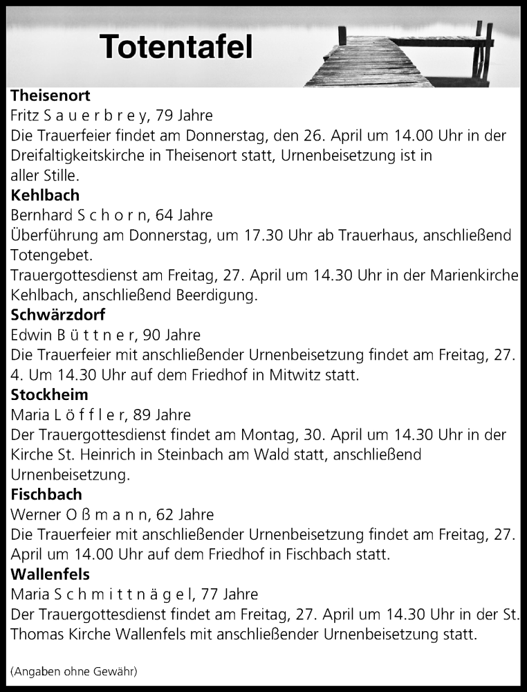  Traueranzeige für Totentafel vom 26.04.2018 vom 26.04.2018 aus MGO