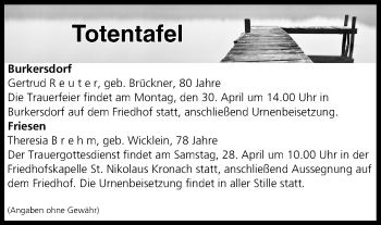 Anzeige von Totentafel vom 28.04.2018 von MGO