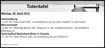Anzeige von Totentafel vom 30.04.2018 von MGO