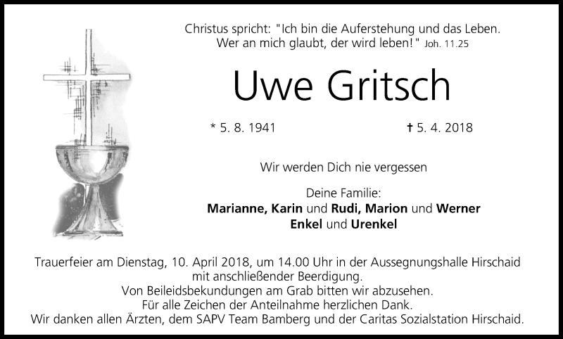  Traueranzeige für Uwe Gritsch vom 07.04.2018 aus MGO