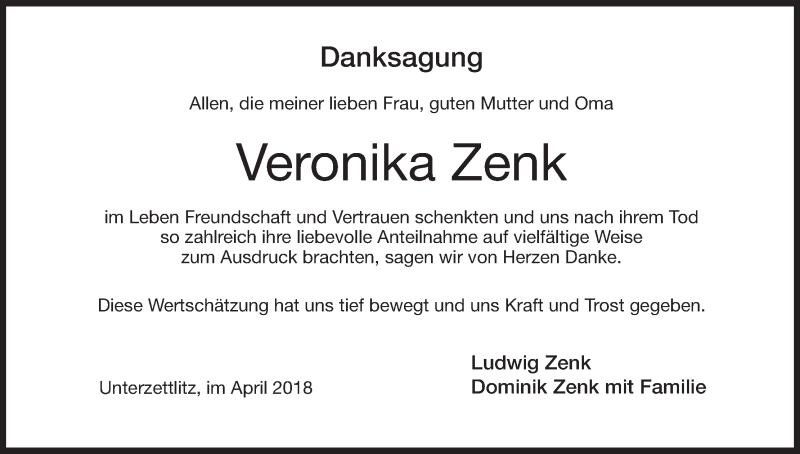  Traueranzeige für Veronika Zenk vom 28.04.2018 aus MGO