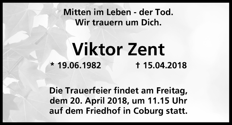  Traueranzeige für Viktor Zent vom 18.04.2018 aus MGO