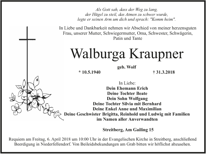  Traueranzeige für Walburga Kraupner vom 04.04.2018 aus MGO