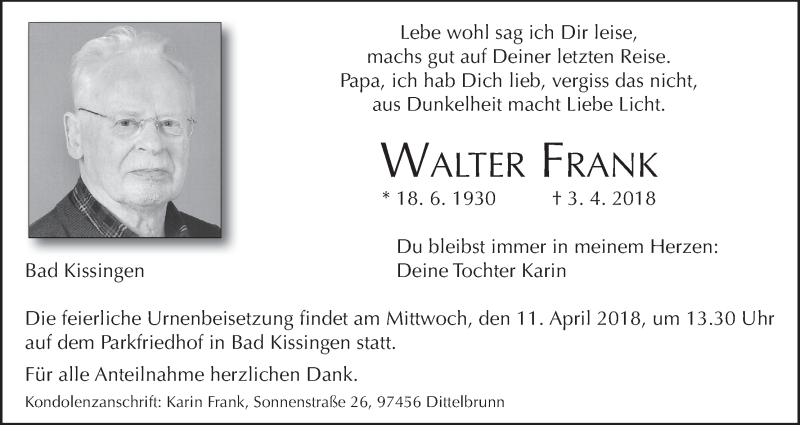  Traueranzeige für Walter Frank vom 07.04.2018 aus MGO